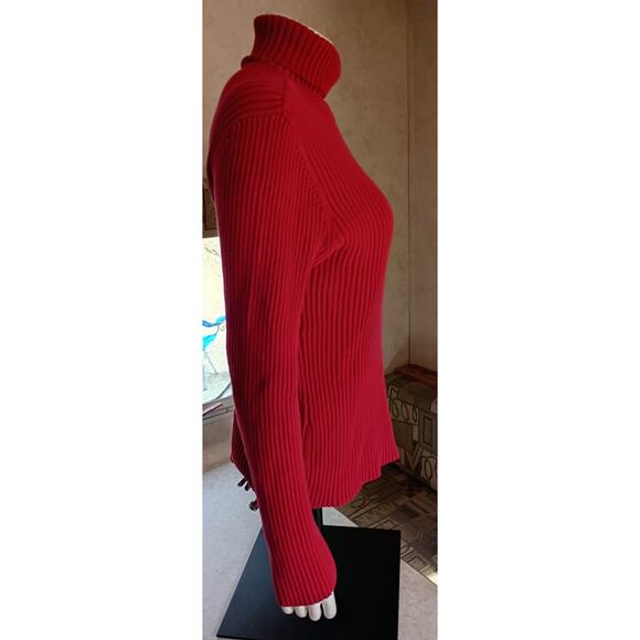 TOMMY HILFIGER XL Red Rib Knit Turtleneck Y2K Flag Logo Sweater Preppy Quietlux - Picture 8 of 13